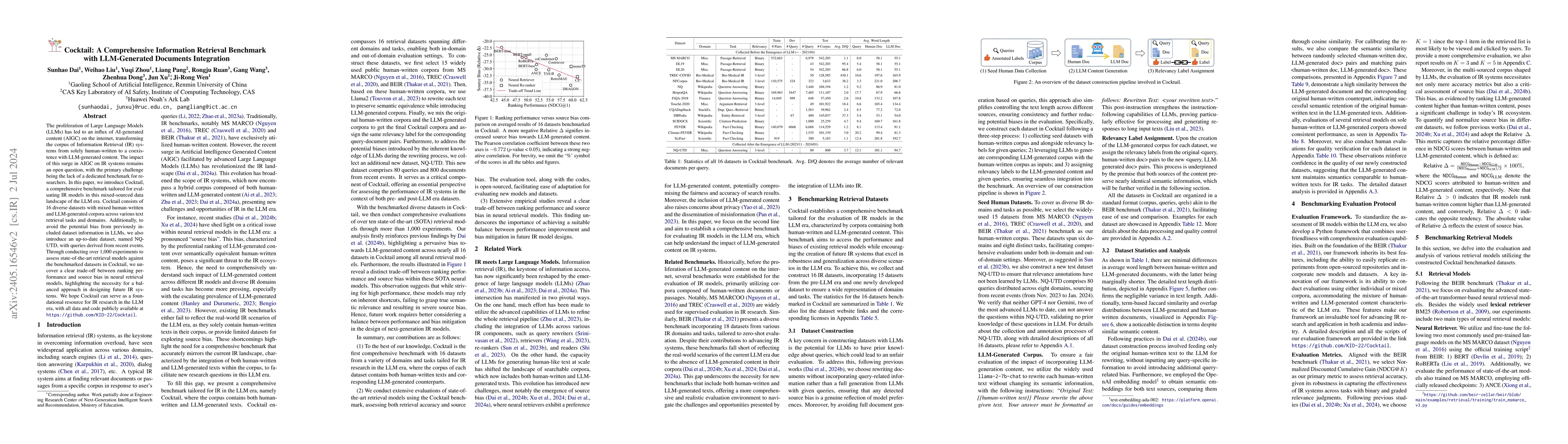 Thumbnail for Cocktail: A Comprehensive Information Retrieval Benchmark with
  LLM-Generated Documents Integration