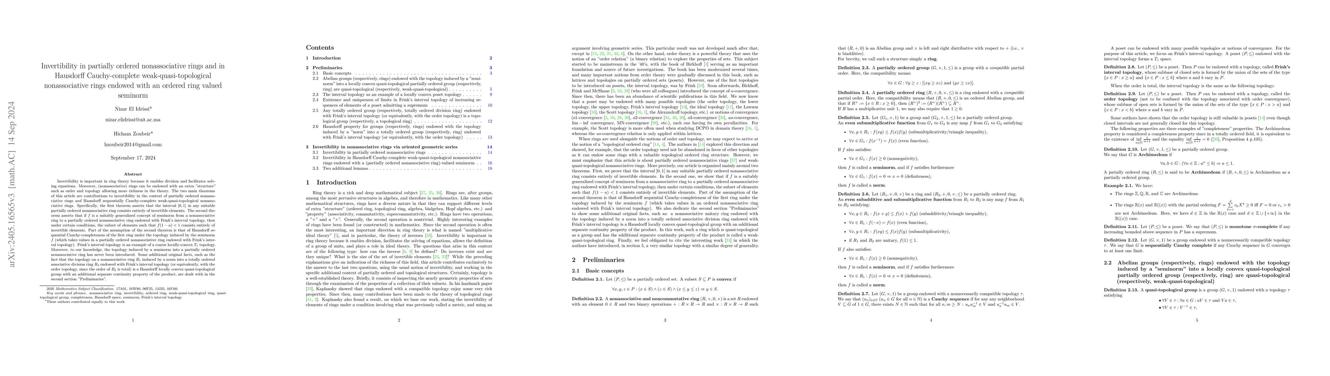 Thumbnail for Invertibility in nonassociative ordered rings and in
  weak-quasi-topological nonassociative rings