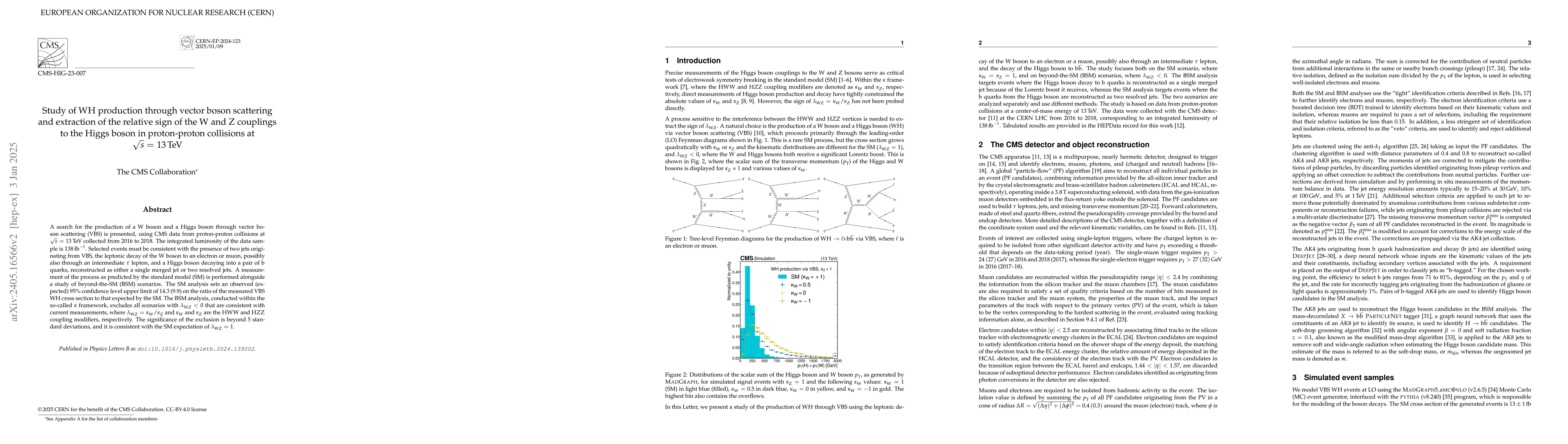 Thumbnail for Study of WH production through vector boson scattering and extraction of
  the relative sign of the W and Z couplings to the Higgs boson in
  proton-proton collisions at $\sqrt{s}$ = 13 TeV
