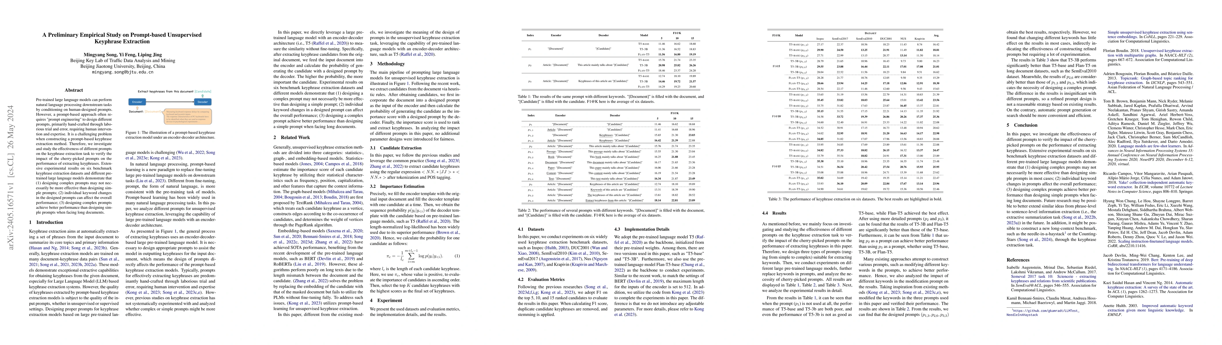 Thumbnail for A Preliminary Empirical Study on Prompt-based Unsupervised Keyphrase
  Extraction