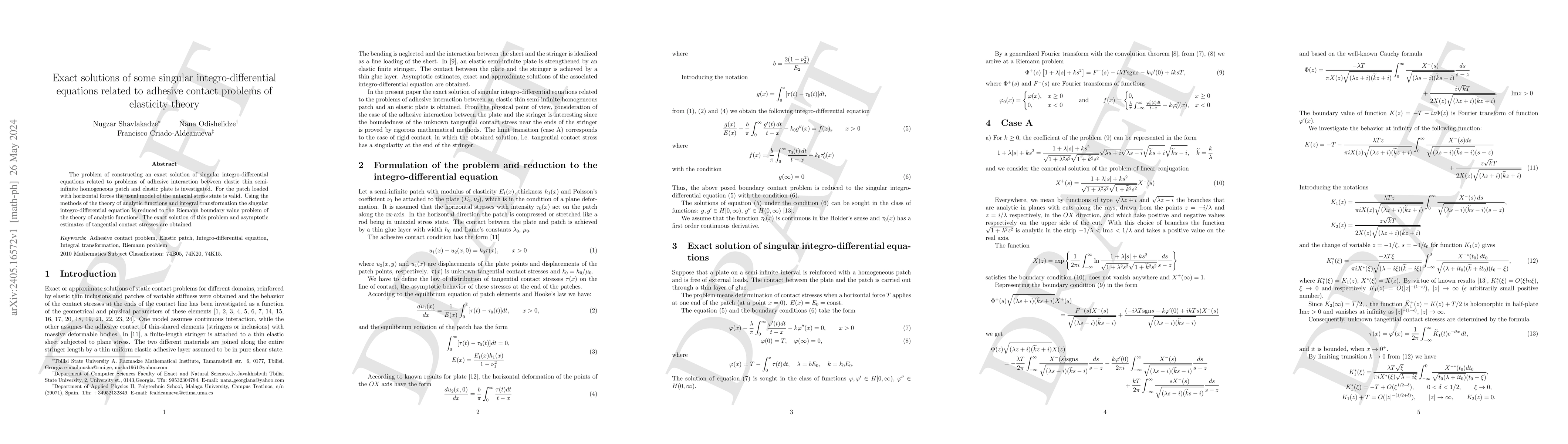Thumbnail for Exact solutions of some singular integro-differential equations related
  to adhesive contact problems of elasticity theory