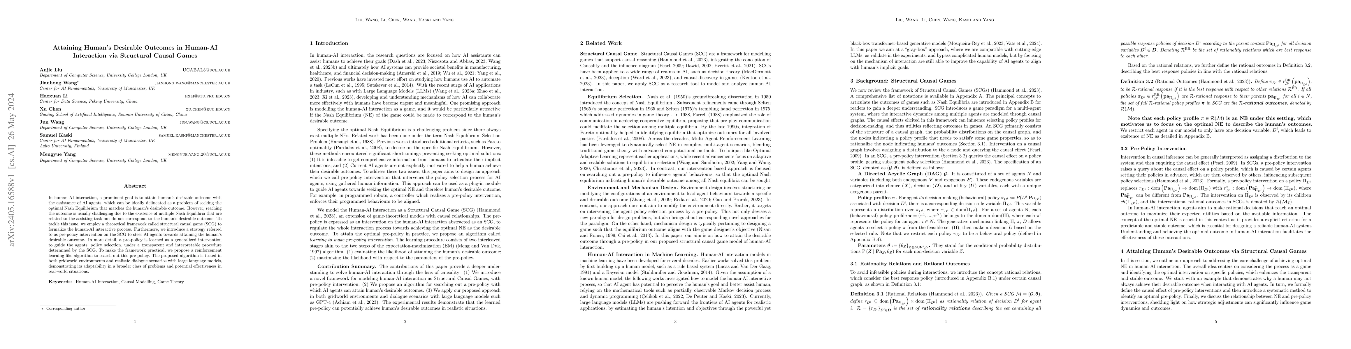 Thumbnail for Attaining Human`s Desirable Outcomes in Human-AI Interaction via
  Structural Causal Games