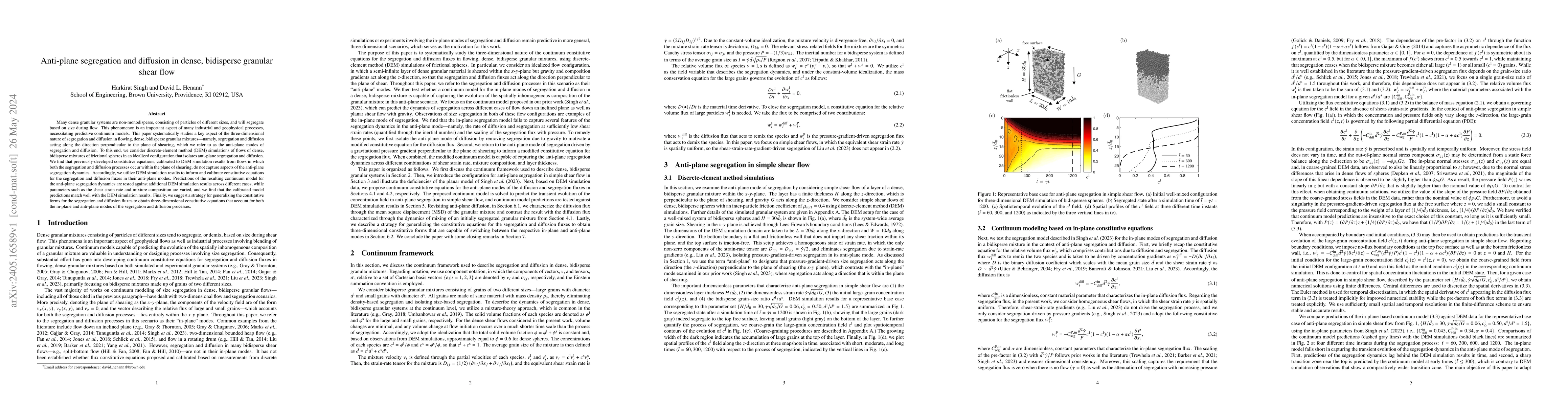 Thumbnail for Anti-plane segregation and diffusion in dense, bidisperse granular shear
  flow