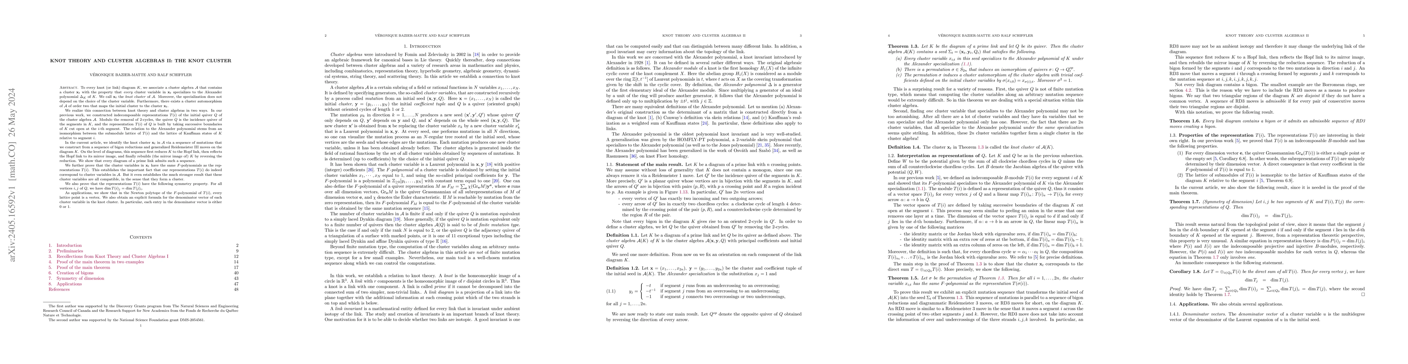 Thumbnail for Knot theory and cluster algebras II: The knot cluster