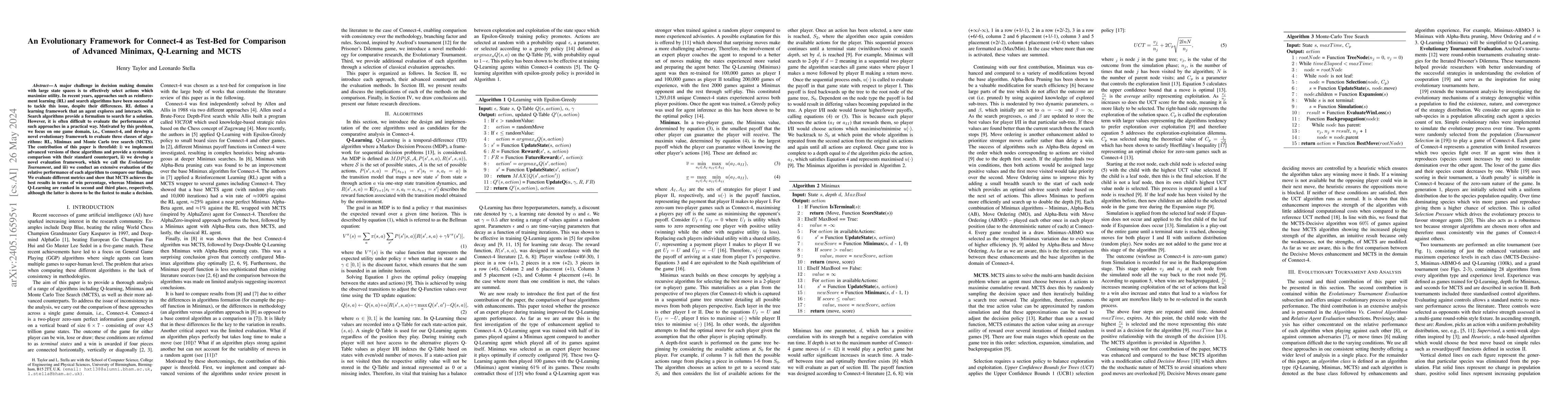 Thumbnail for An Evolutionary Framework for Connect-4 as Test-Bed for Comparison of
  Advanced Minimax, Q-Learning and MCTS