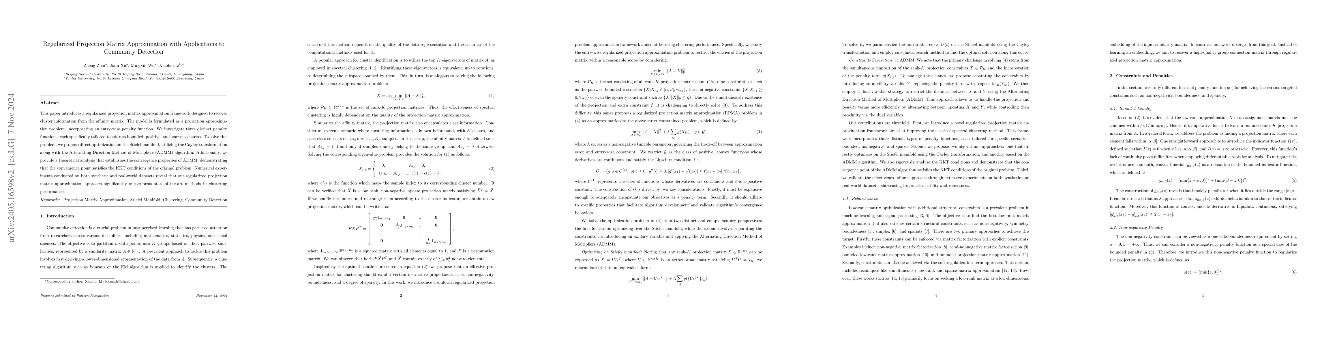 Thumbnail for Regularized Projection Matrix Approximation with Applications to
  Community Detection