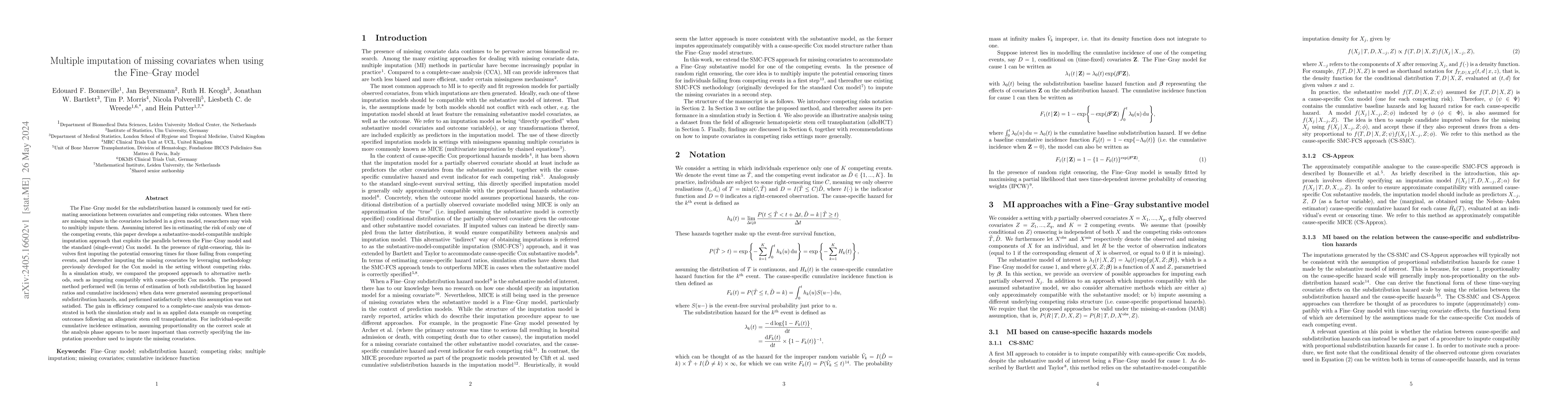 Thumbnail for Multiple imputation of missing covariates when using the Fine-Gray model