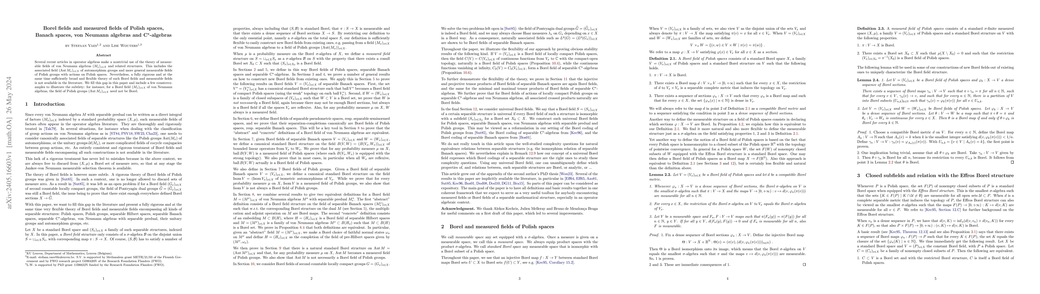 Thumbnail for Borel fields and measured fields of Polish spaces, Banach spaces, von
  Neumann algebras and C*-algebras