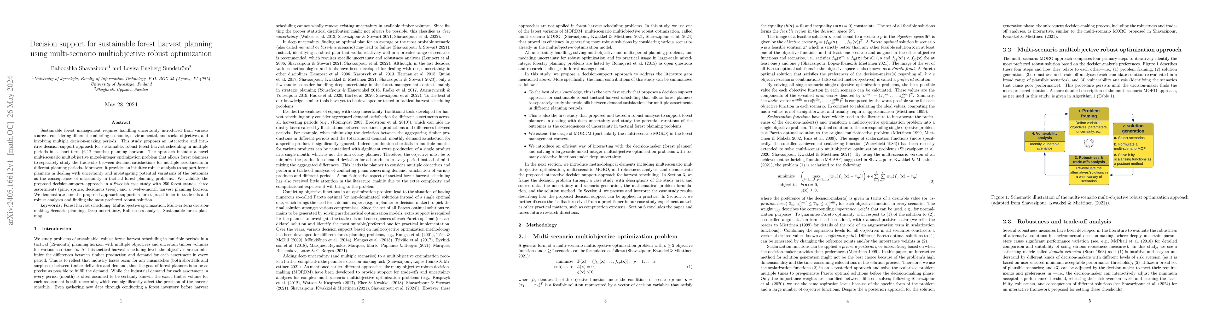 Thumbnail for Decision support for sustainable forest harvest planning using
  multi-scenario multiobjective robust optimization