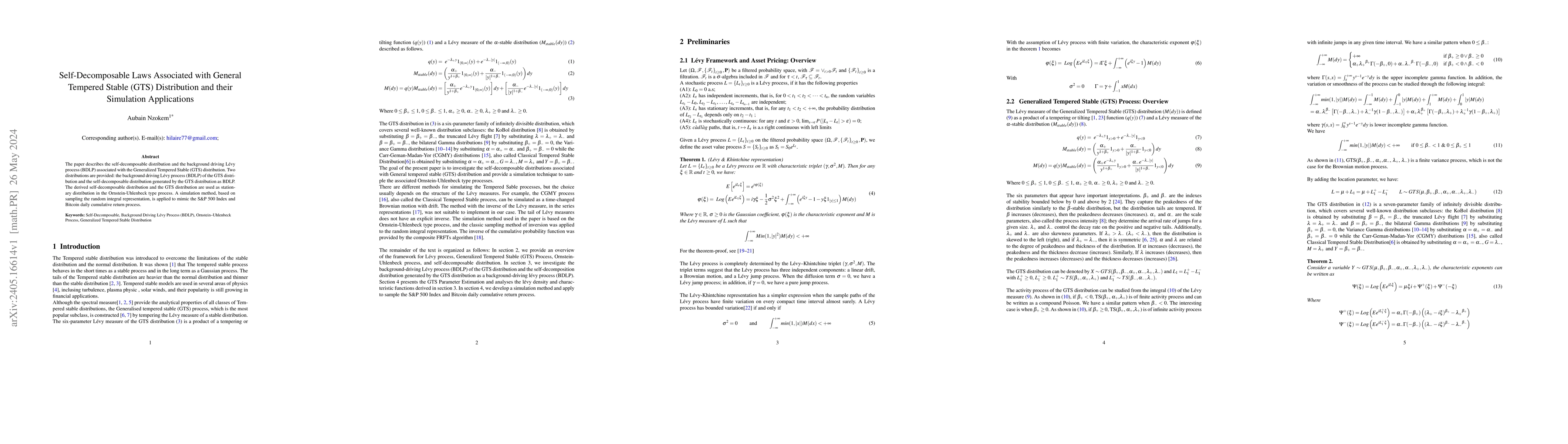 Thumbnail for Self-Decomposable Laws Associated with General Tempered Stable (GTS)
  Distribution and their Simulation Applications