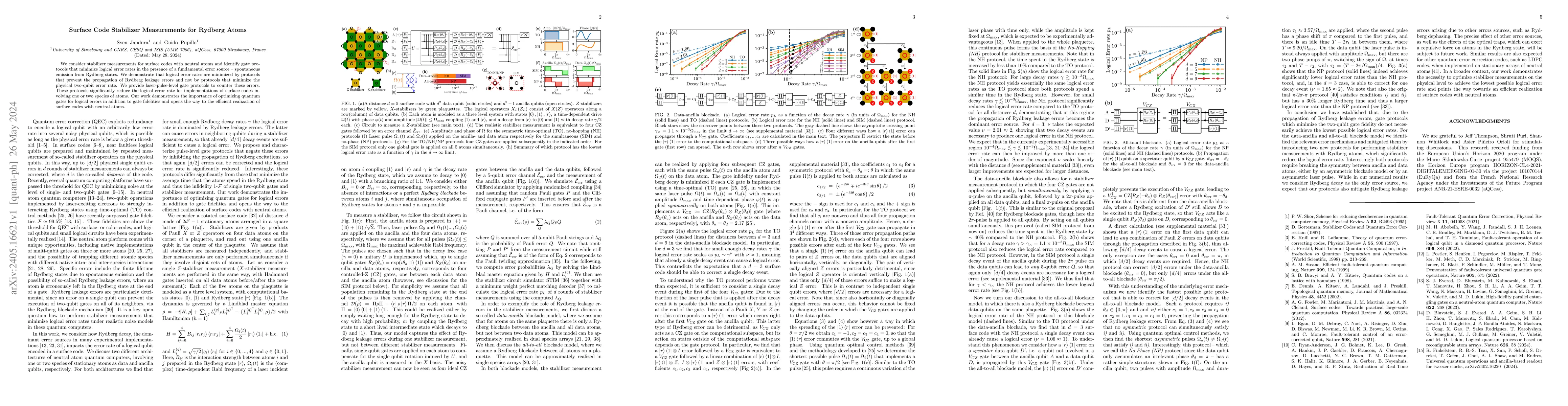 Thumbnail for Surface Code Stabilizer Measurements for Rydberg Atoms