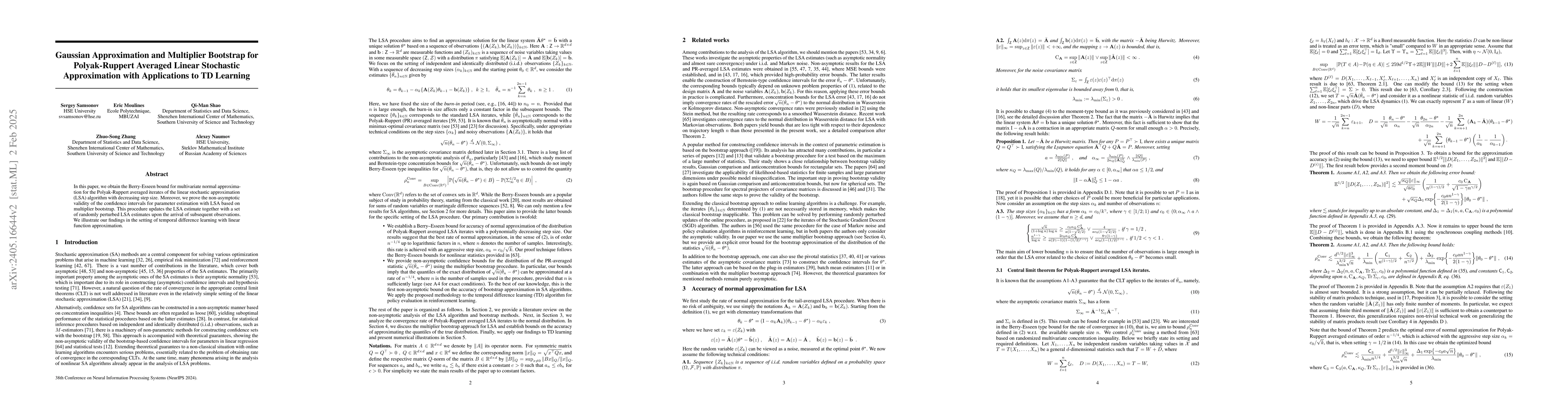 Thumbnail for Gaussian Approximation and Multiplier Bootstrap for Polyak-Ruppert
  Averaged Linear Stochastic Approximation with Applications to TD Learning