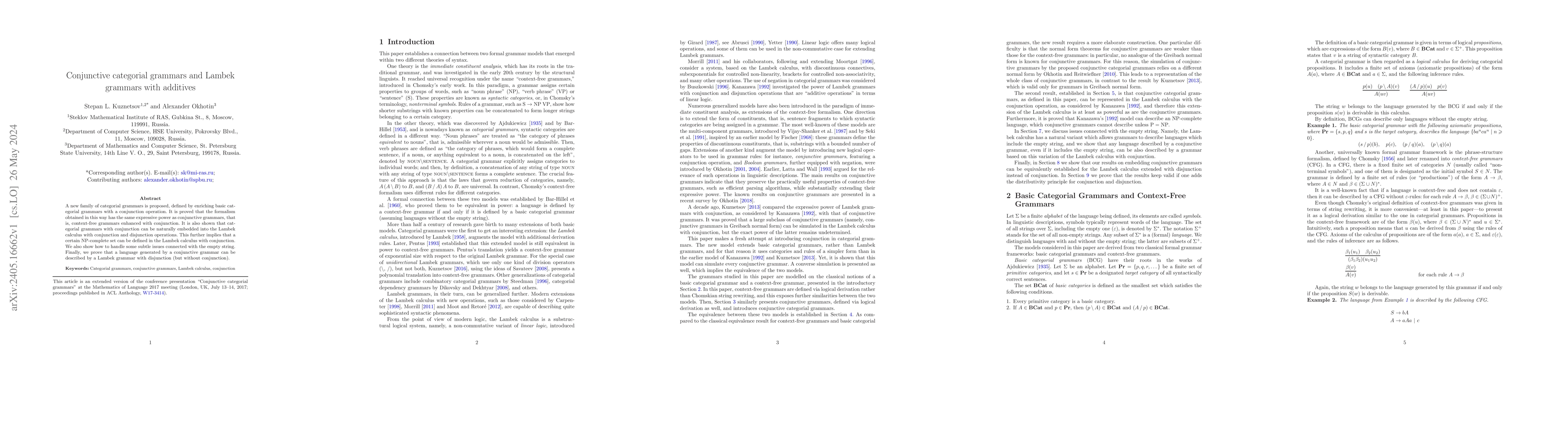 Thumbnail for Conjunctive categorial grammars and Lambek grammars with additives