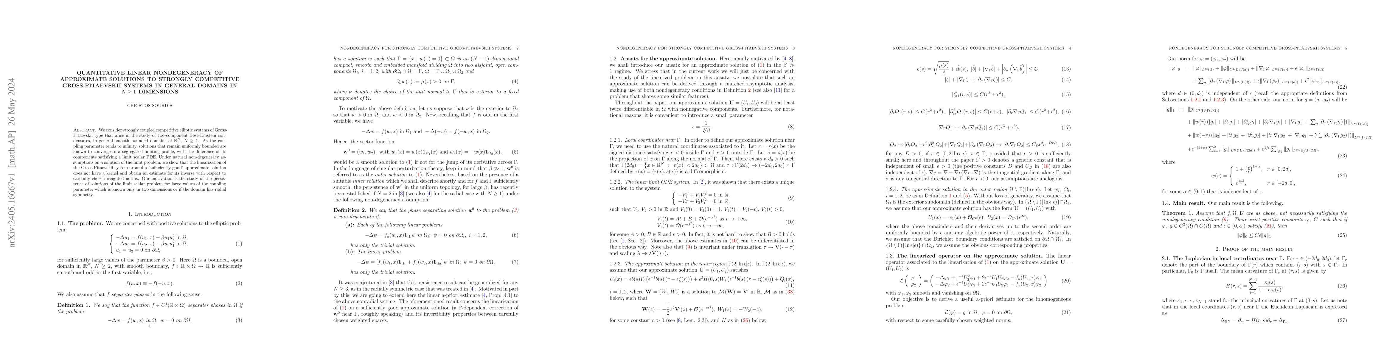 Thumbnail for Quantitative linear nondegeneracy of approximate solutions to strongly
  competitive Gross-Pitaevskii systems in general domains in $N\geq 1$
  dimensions