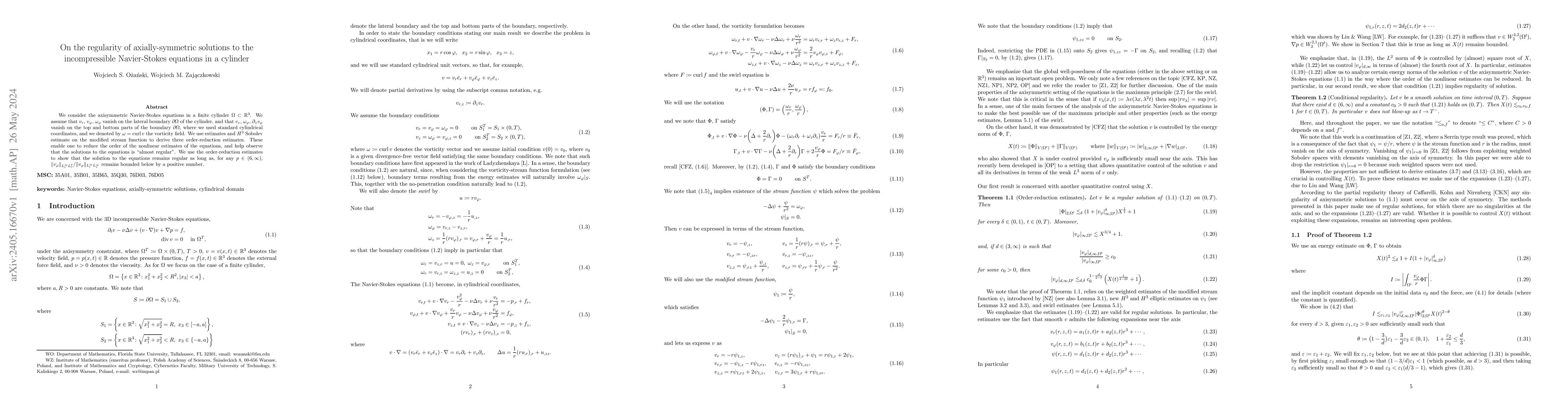 Thumbnail for On the regularity of axially-symmetric solutions to the incompressible
  Navier-Stokes equations in a cylinder