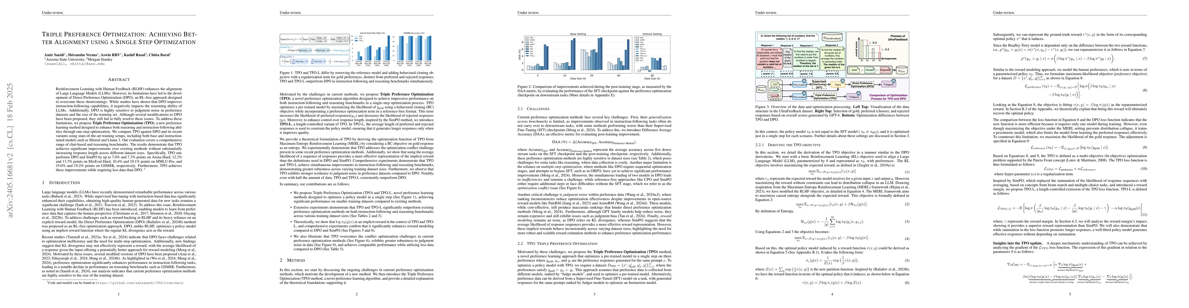 Thumbnail for Triple Preference Optimization: Achieving Better Alignment with Less
  Data in a Single Step Optimization
