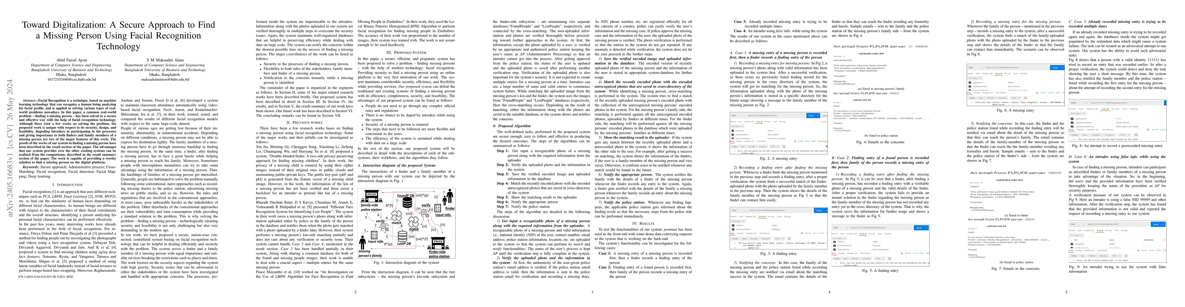 Thumbnail for Toward Digitalization: A Secure Approach to Find a Missing Person Using
  Facial Recognition Technology