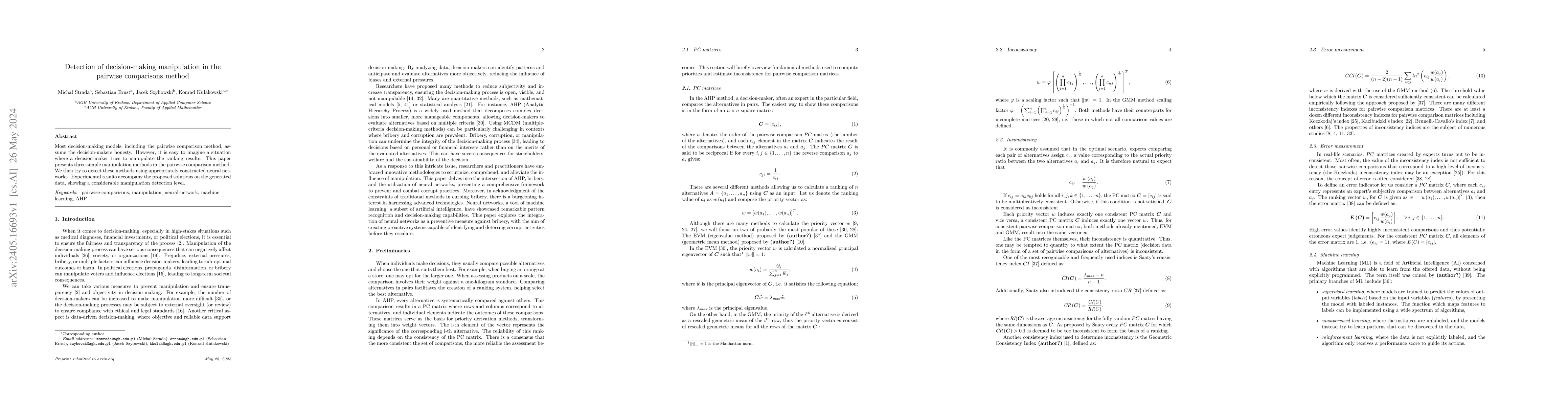 Thumbnail for Detection of decision-making manipulation in the pairwise comparisons
  method