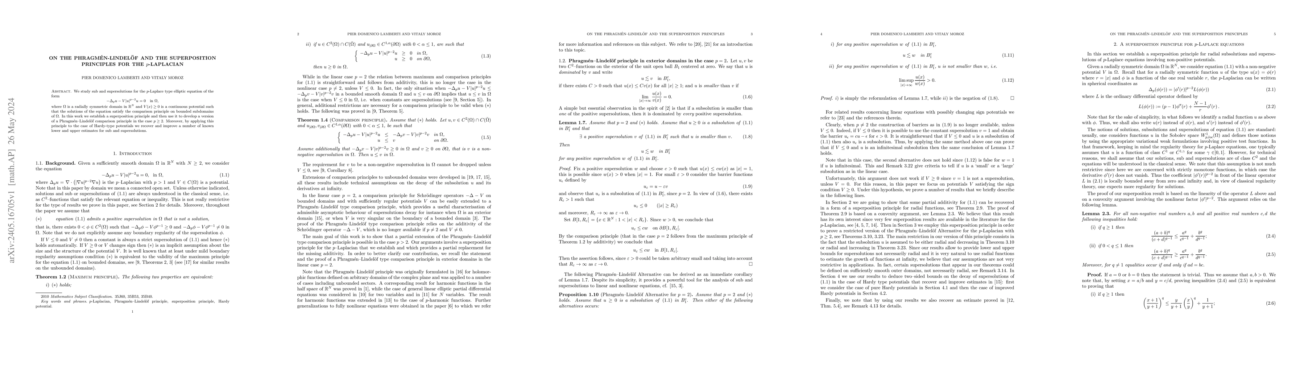 Thumbnail for On the Phragm\'{e}n-Lindel\"{o}f and the superposition principles for
  the $p$-Laplacian
