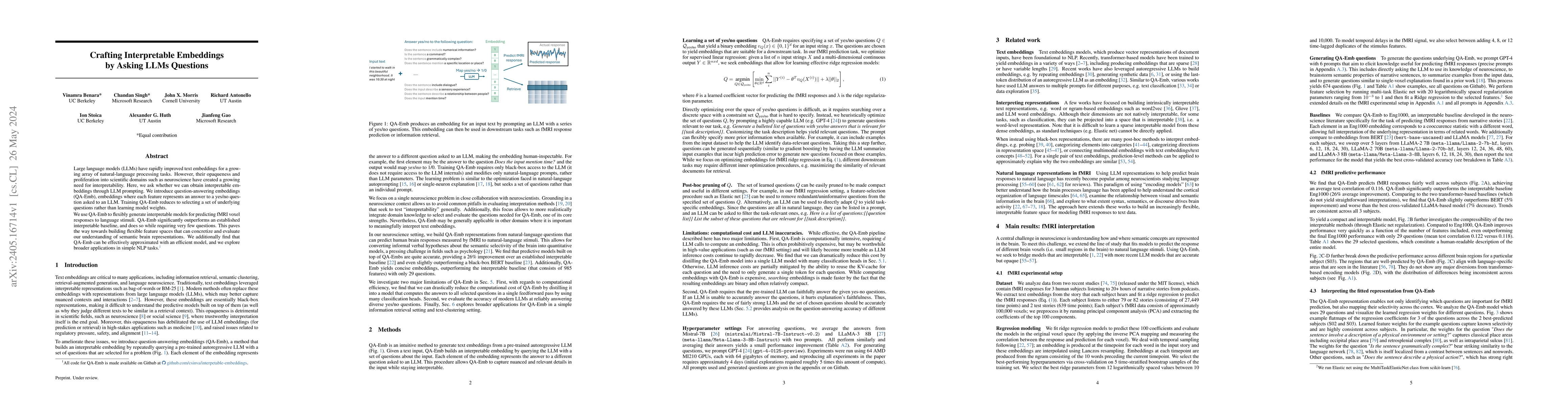 Thumbnail for Crafting Interpretable Embeddings by Asking LLMs Questions