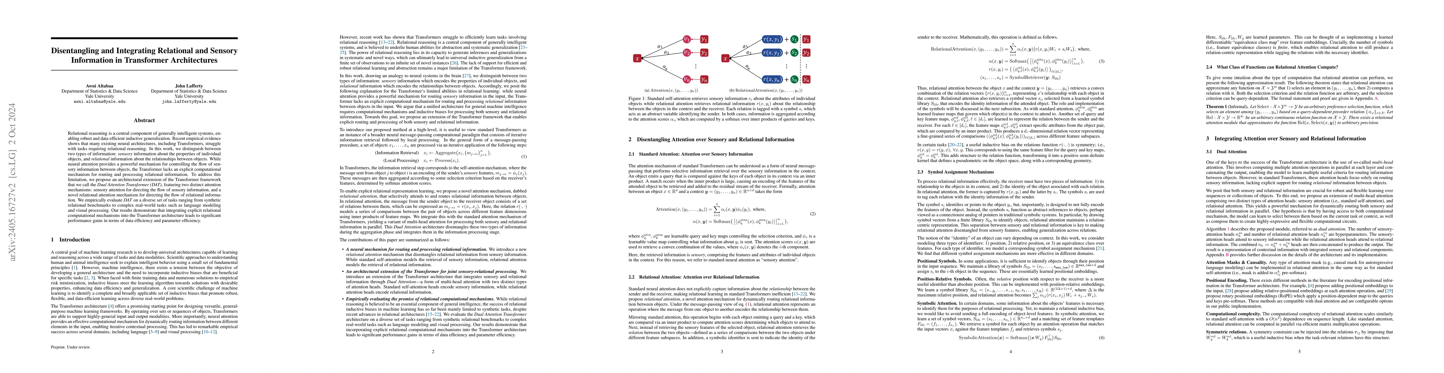 Thumbnail for Disentangling and Integrating Relational and Sensory Information in
  Transformer Architectures