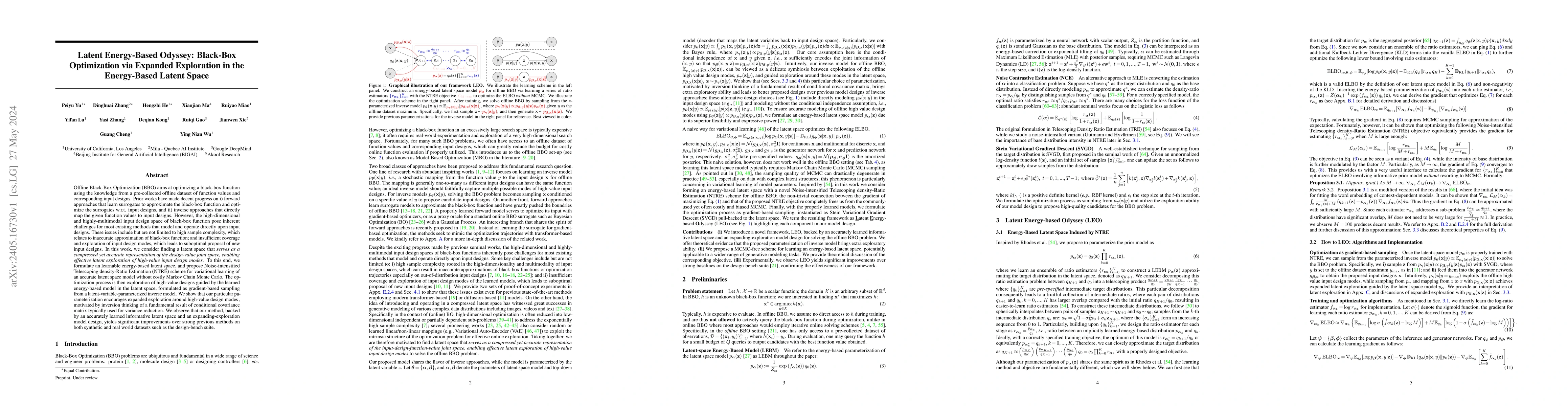 Thumbnail for Latent Energy-Based Odyssey: Black-Box Optimization via Expanded
  Exploration in the Energy-Based Latent Space