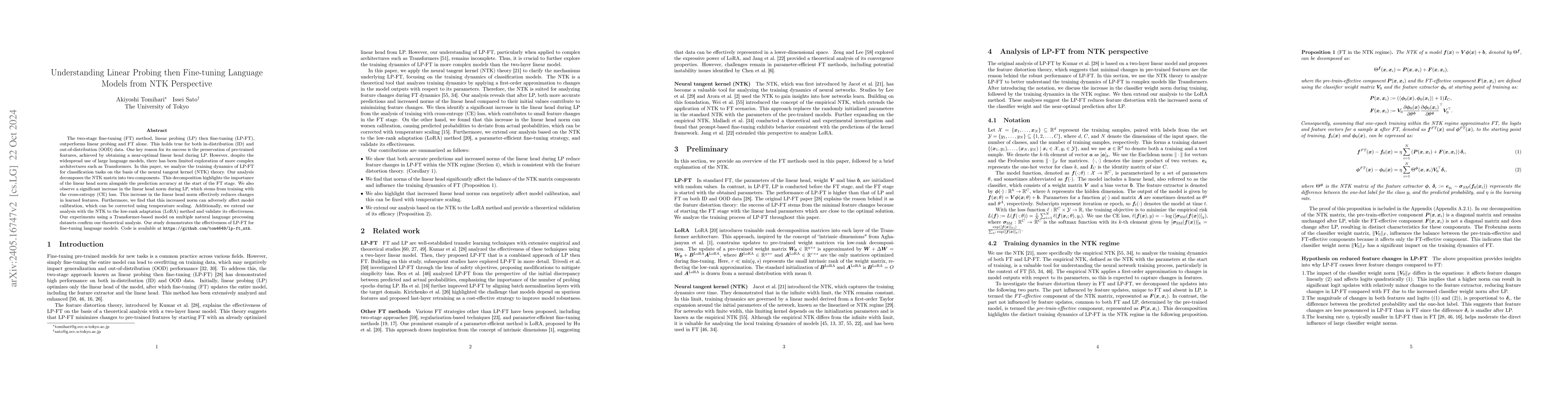 Thumbnail for Understanding Linear Probing then Fine-tuning Language Models from NTK
  Perspective