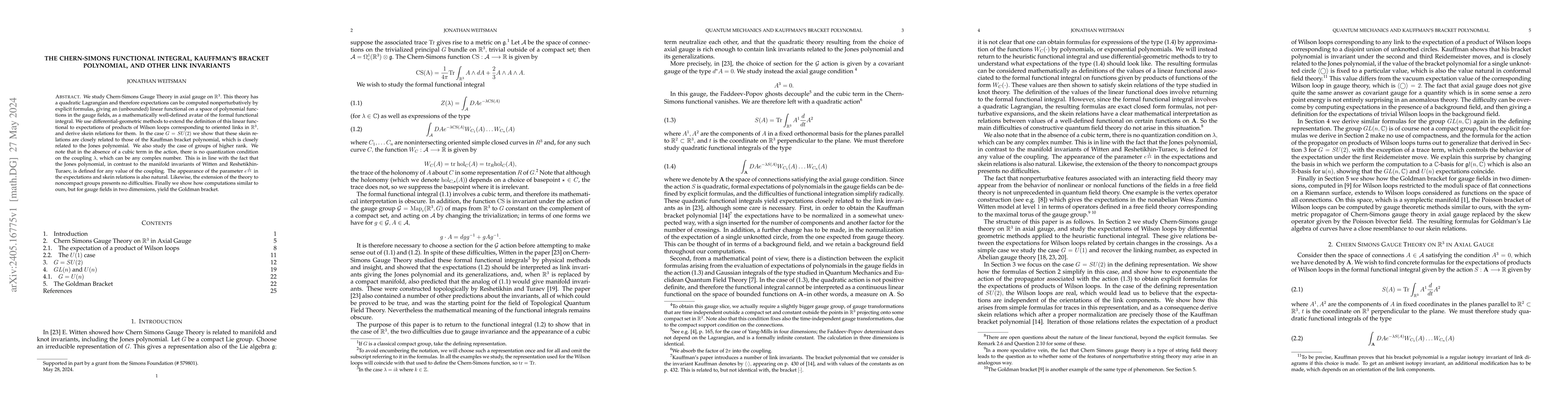 Thumbnail for The Chern-Simons Functional Integral, Kauffman's Bracket Polynomial, and
  other link invariants