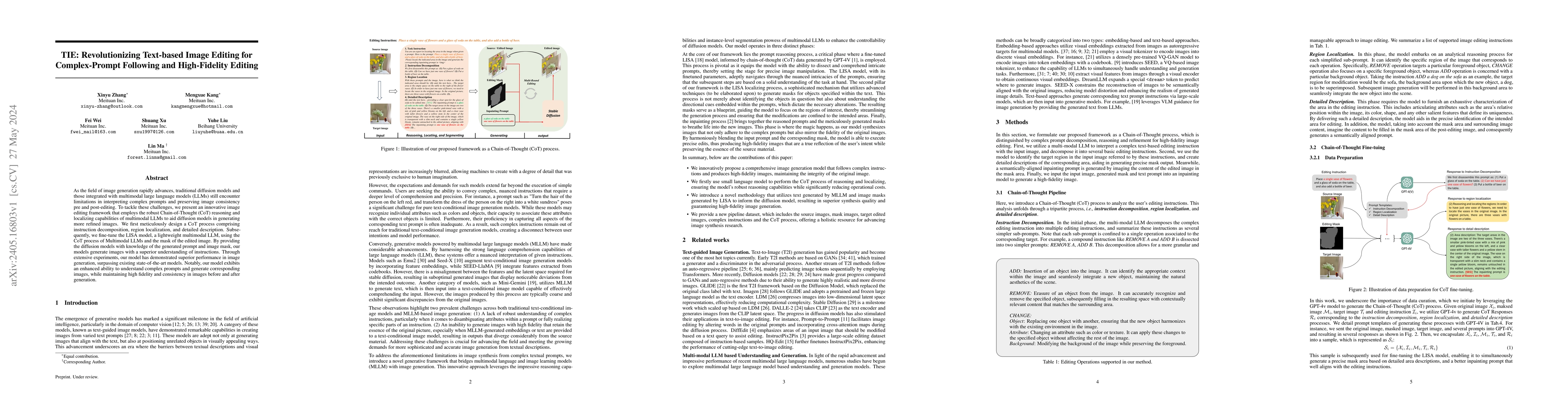 Thumbnail for TIE: Revolutionizing Text-based Image Editing for Complex-Prompt
  Following and High-Fidelity Editing