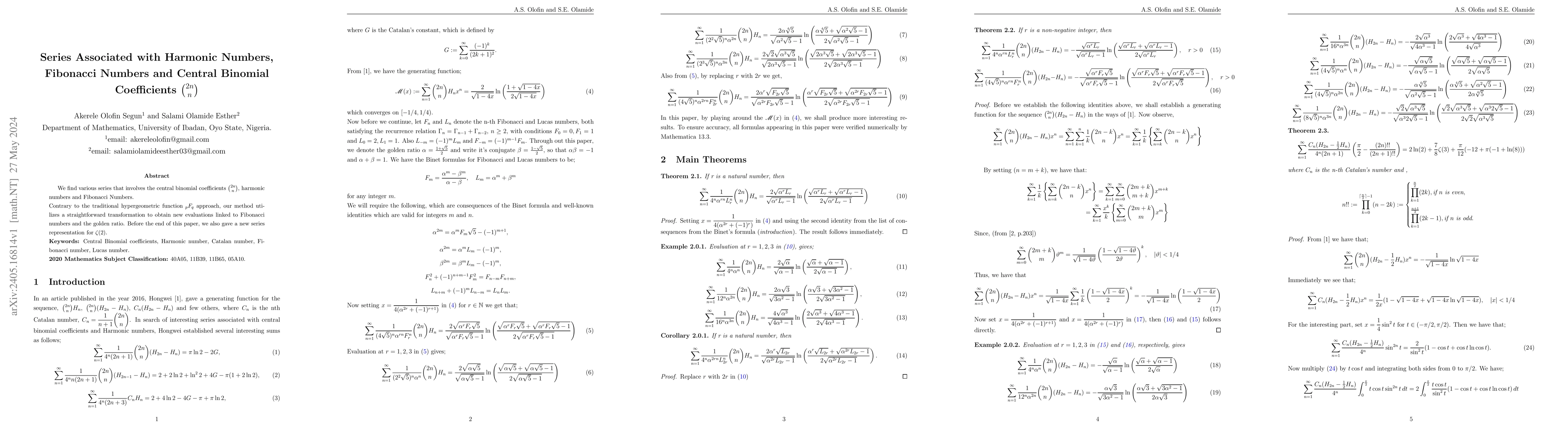 Thumbnail for Series Associated with Harmonic Numbers, Fibonacci Numbers and Central
  Binomial Coefficients $\binom{2n}{n}$