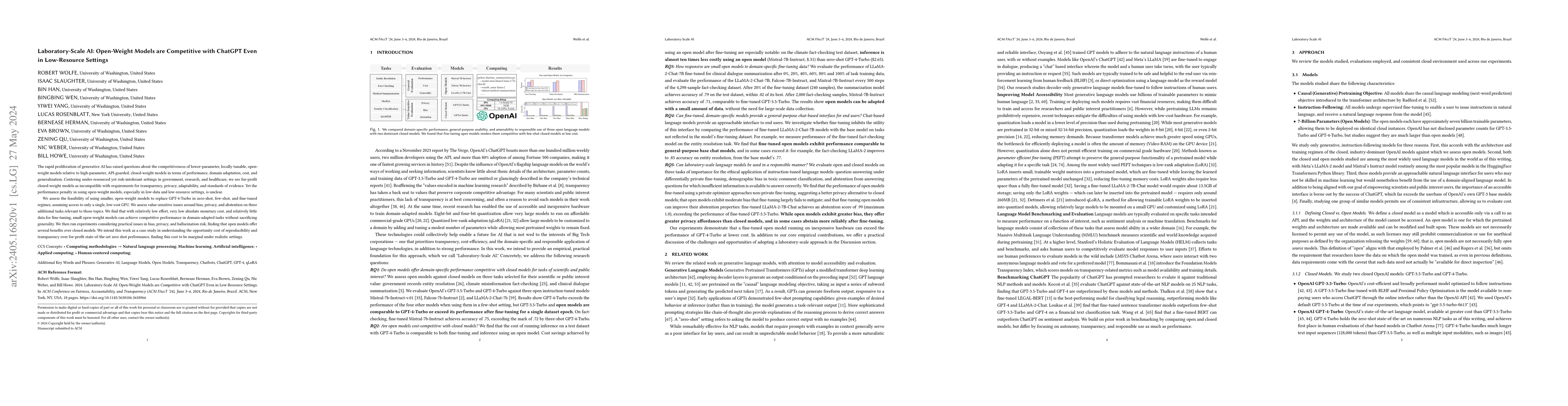 Thumbnail for Laboratory-Scale AI: Open-Weight Models are Competitive with ChatGPT
  Even in Low-Resource Settings