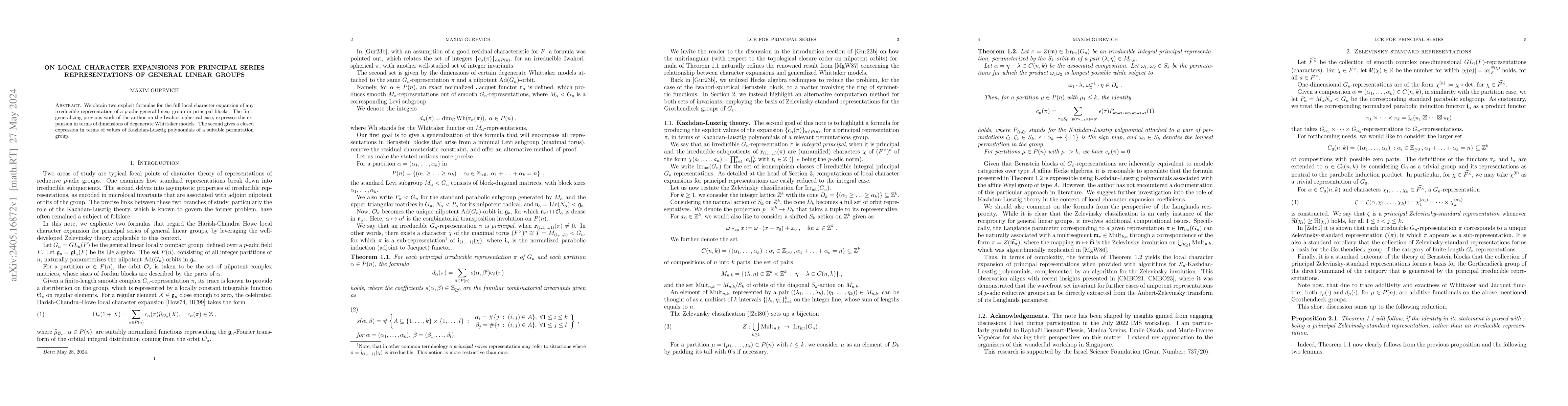 Thumbnail for On local character expansions for principal series representations of
  general linear groups