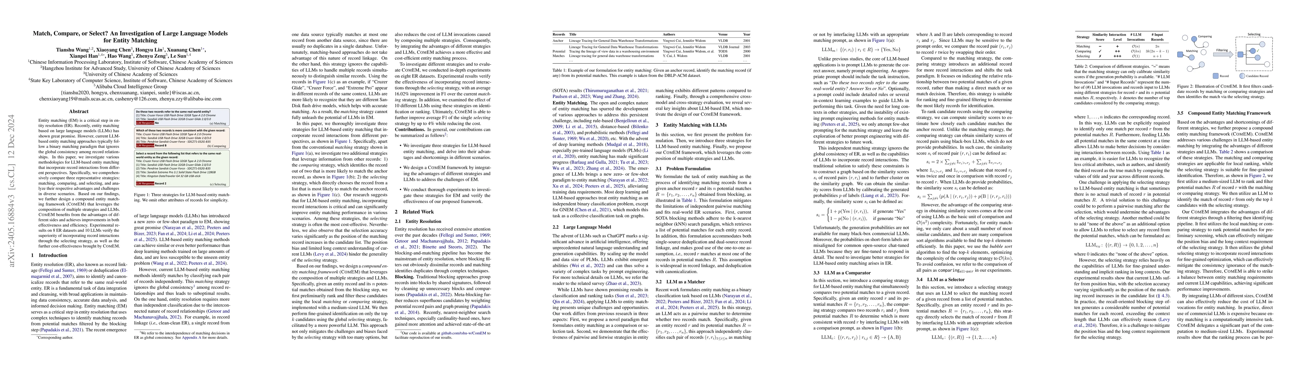Thumbnail for Match, Compare, or Select? An Investigation of Large Language Models for
  Entity Matching