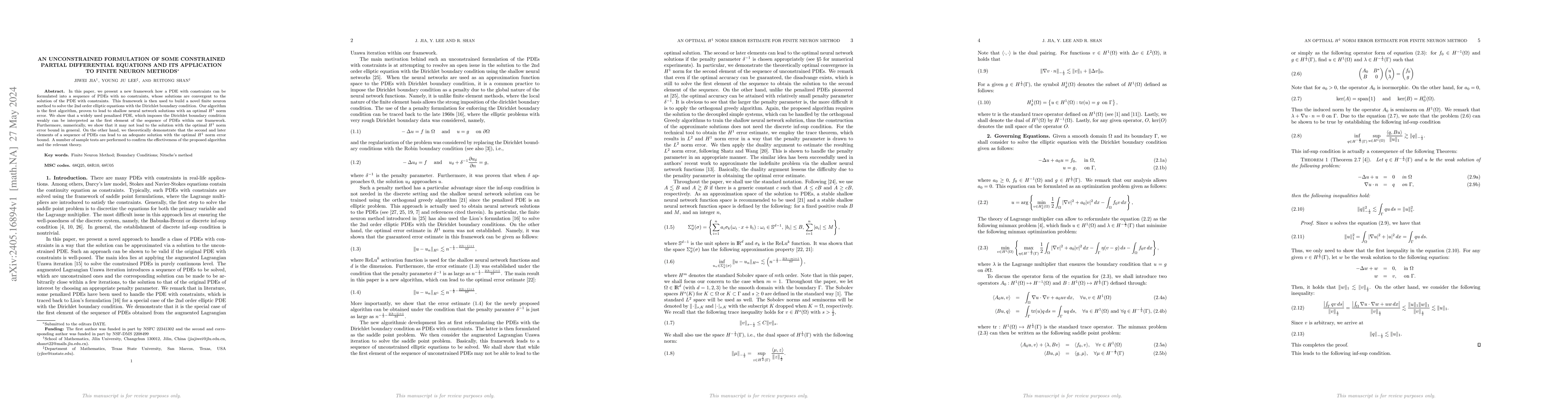 Thumbnail for An Unconstrained Formulation of Some Constrained Partial Differential
  Equations and its Application to Finite Neuron Methods