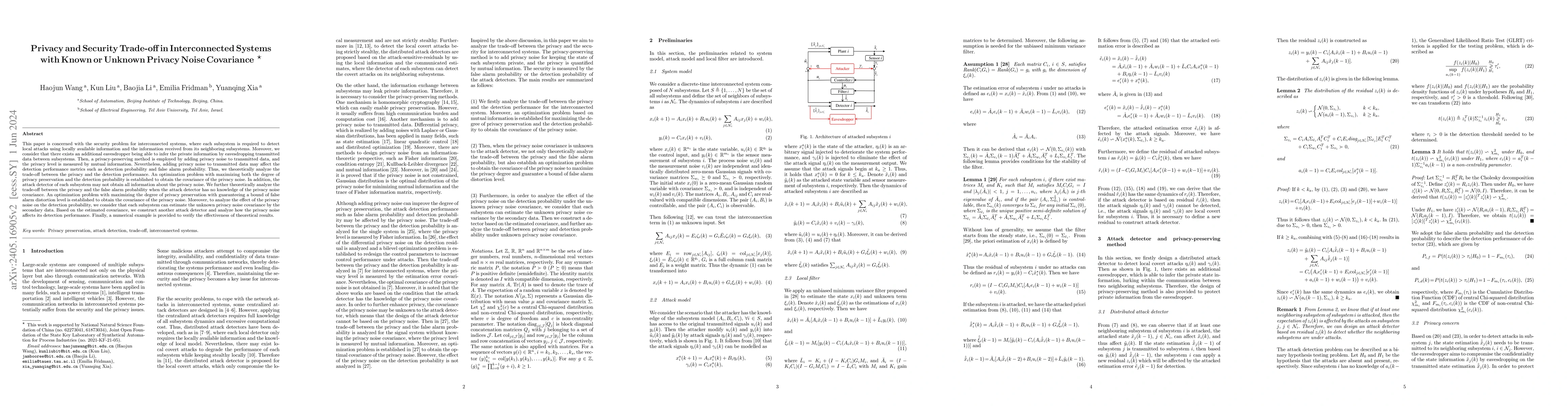 Thumbnail for Privacy and Security Trade-off in Interconnected Systems with Known or
  Unknown Privacy Noise Covariance