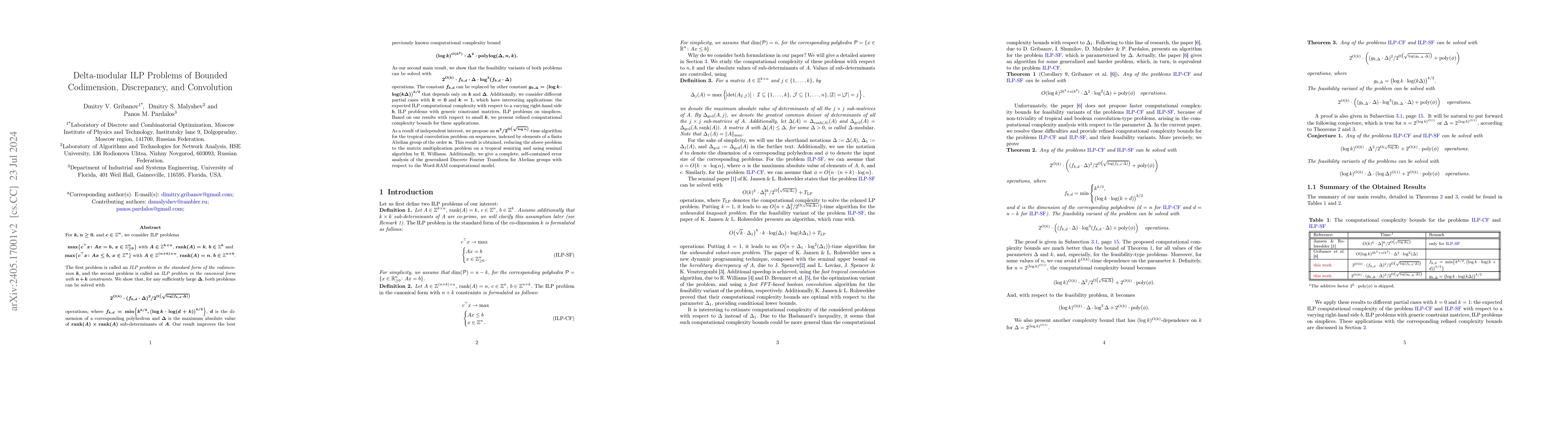 Thumbnail for Delta-modular ILP Problems of Bounded Co-dimension, Discrepancy, and
  Convolution