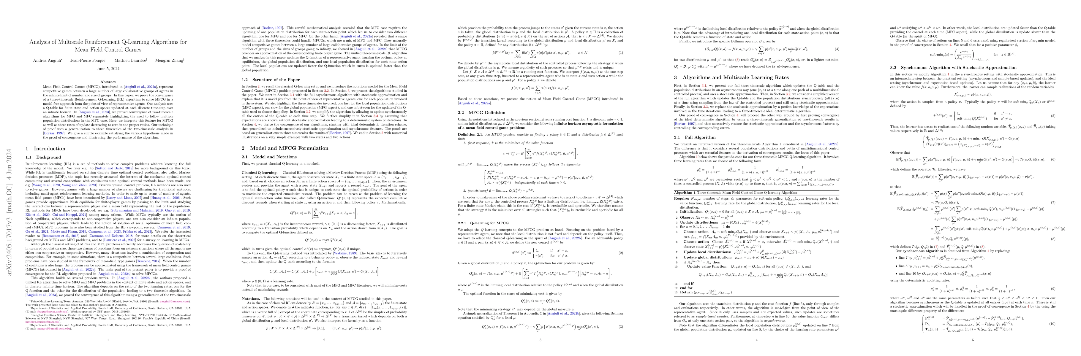 Thumbnail for Analysis of Multiscale Reinforcement Q-Learning Algorithms for Mean
  Field Control Games