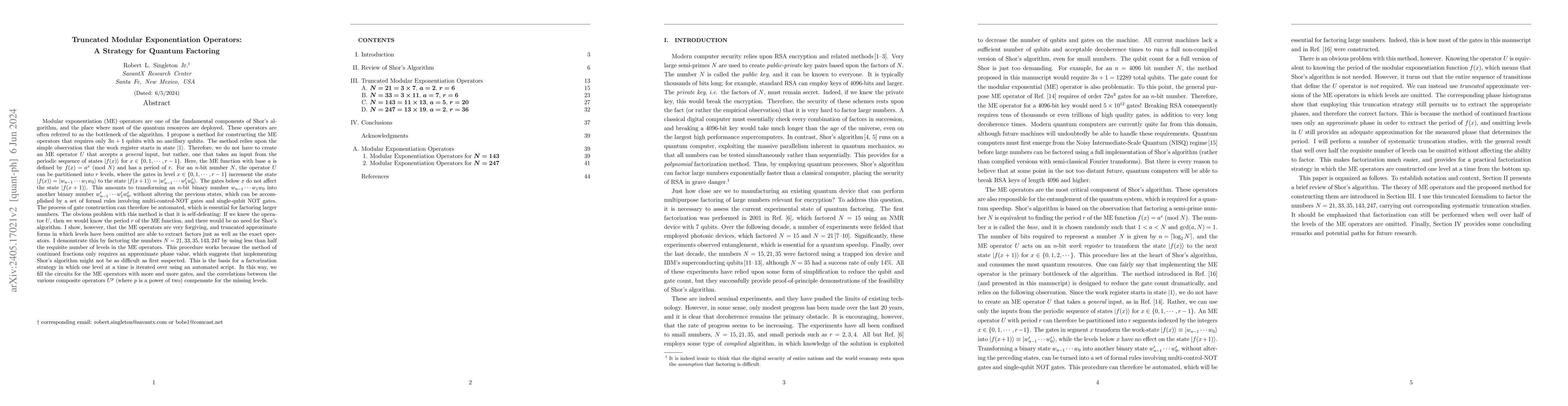Thumbnail for Truncated Modular Exponentiation Operators: A Strategy for Quantum
  Factoring