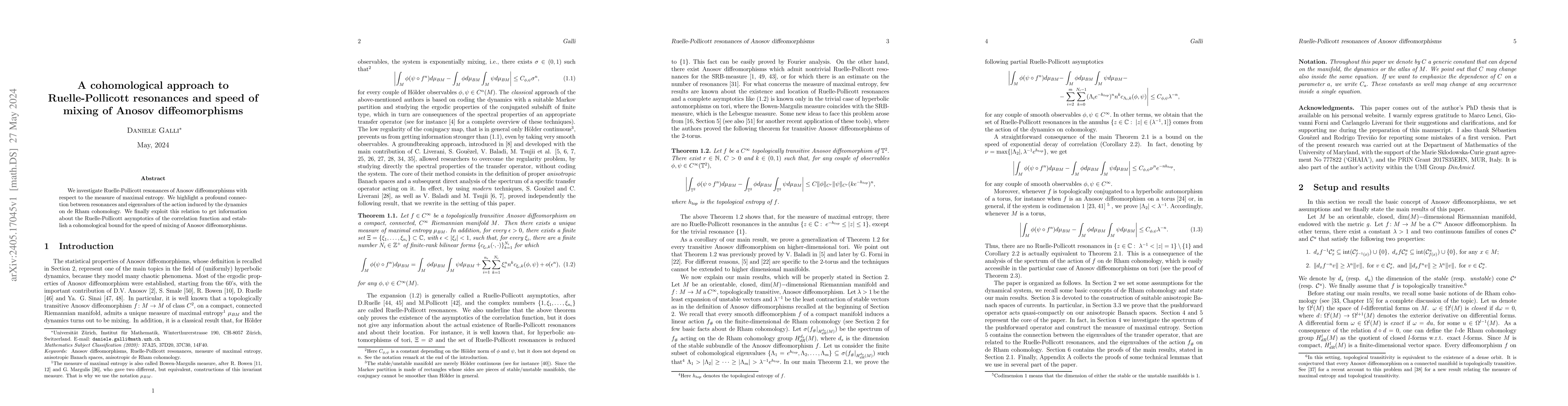 Thumbnail for A cohomological approach to Ruelle-Pollicott resonances and speed of
  mixing of Anosov diffeomorphisms