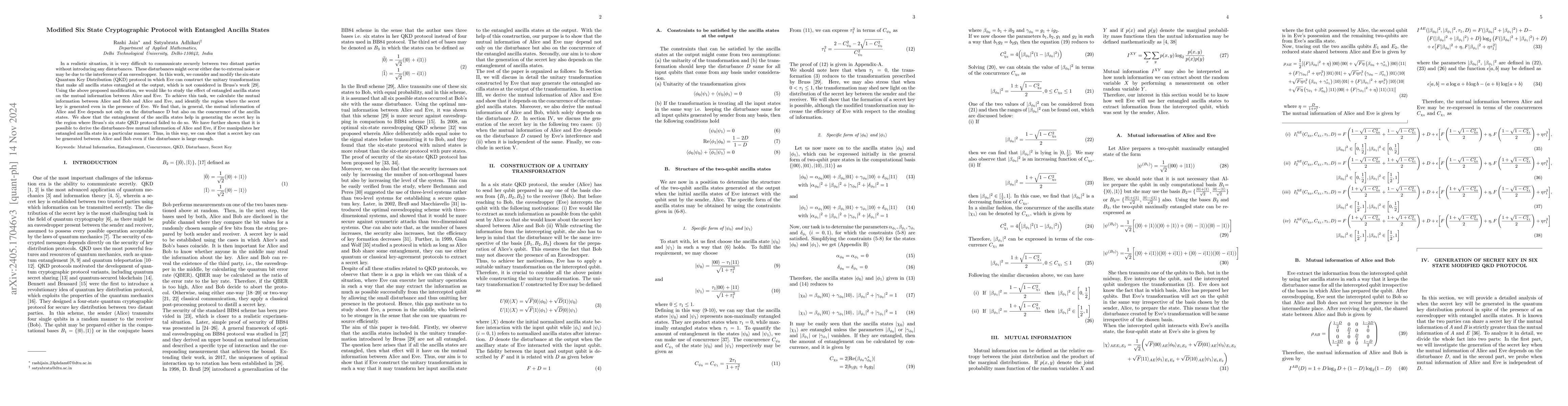 Thumbnail for Modified Six State Cryptographic Protocol with Entangled Ancilla
  Component States