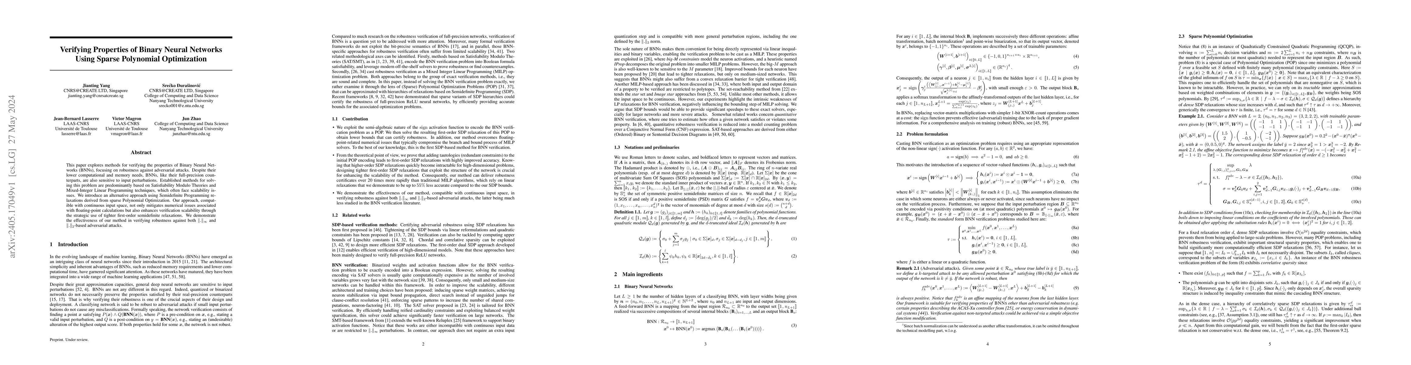 Thumbnail for Verifying Properties of Binary Neural Networks Using Sparse Polynomial
  Optimization