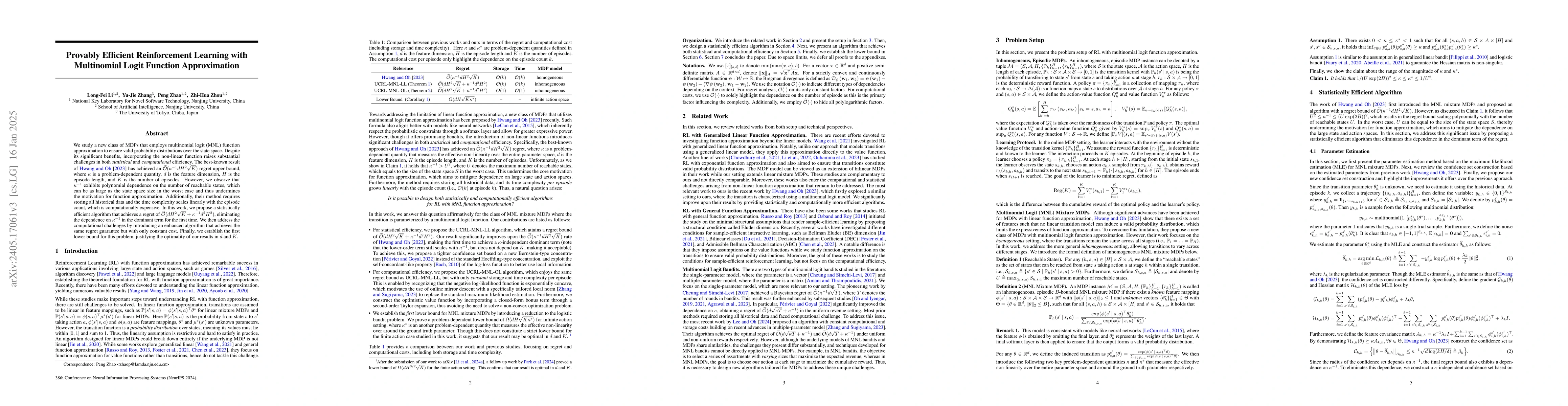 Thumbnail for Provably Efficient Reinforcement Learning with Multinomial Logit
  Function Approximation
