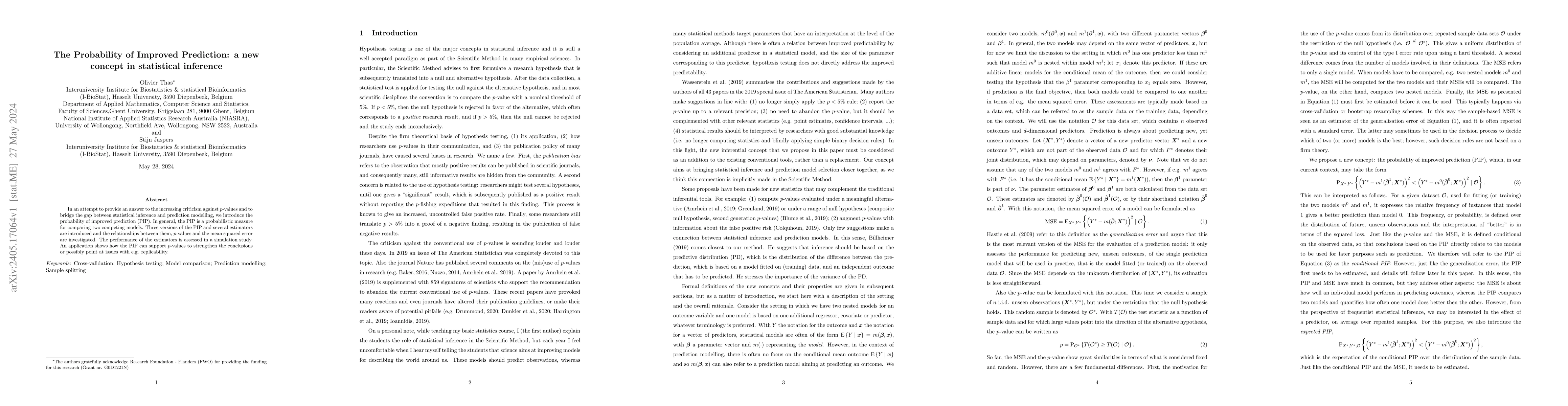 Thumbnail for The Probability of Improved Prediction: a new concept in statistical
  inference