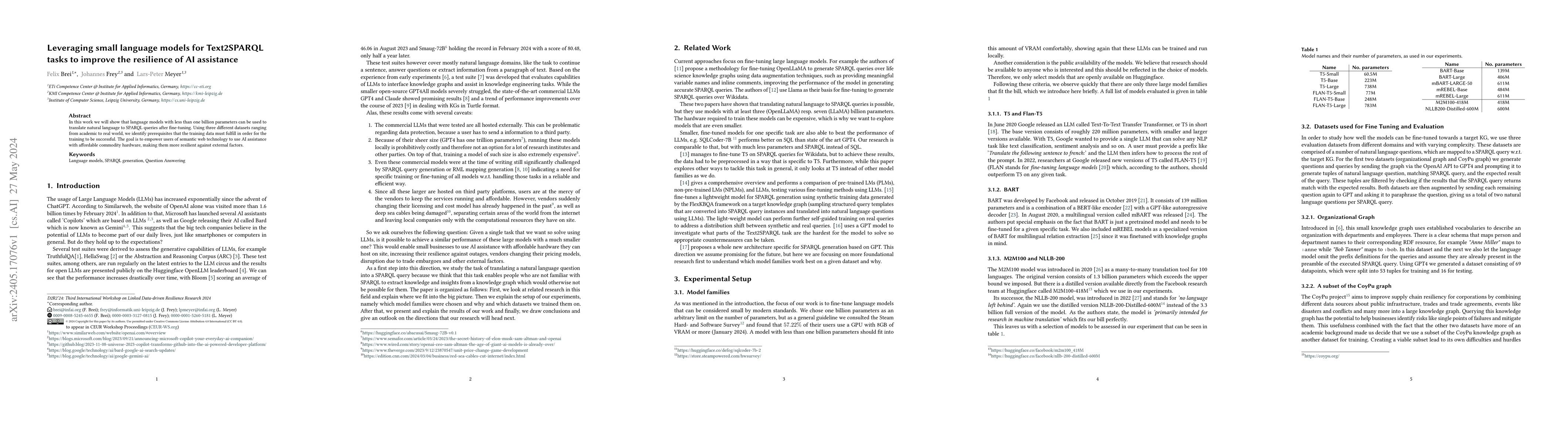 Thumbnail for Leveraging small language models for Text2SPARQL tasks to improve the
  resilience of AI assistance