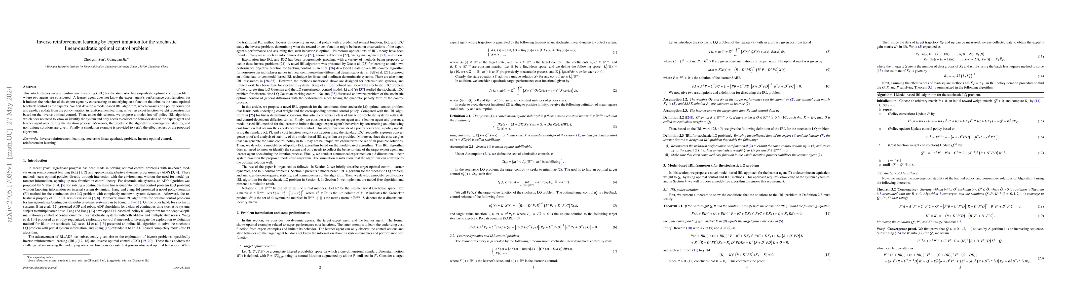 Thumbnail for Inverse reinforcement learning by expert imitation for the stochastic
  linear-quadratic optimal control problem