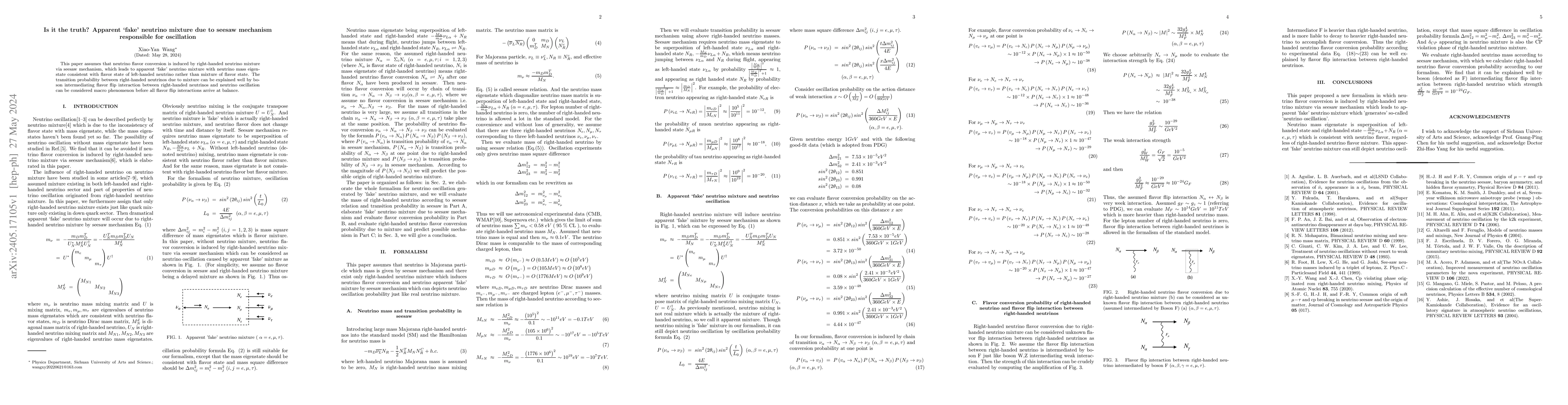 Thumbnail for Apparent fake neutrino mixture due to seesaw mechanism responsible for
  oscillation