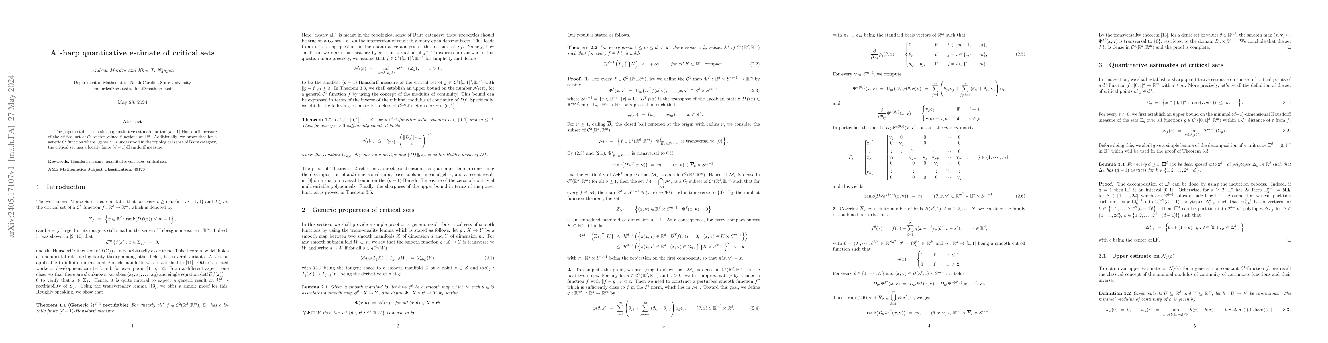 Thumbnail for A sharp quantitative estimate of critical sets