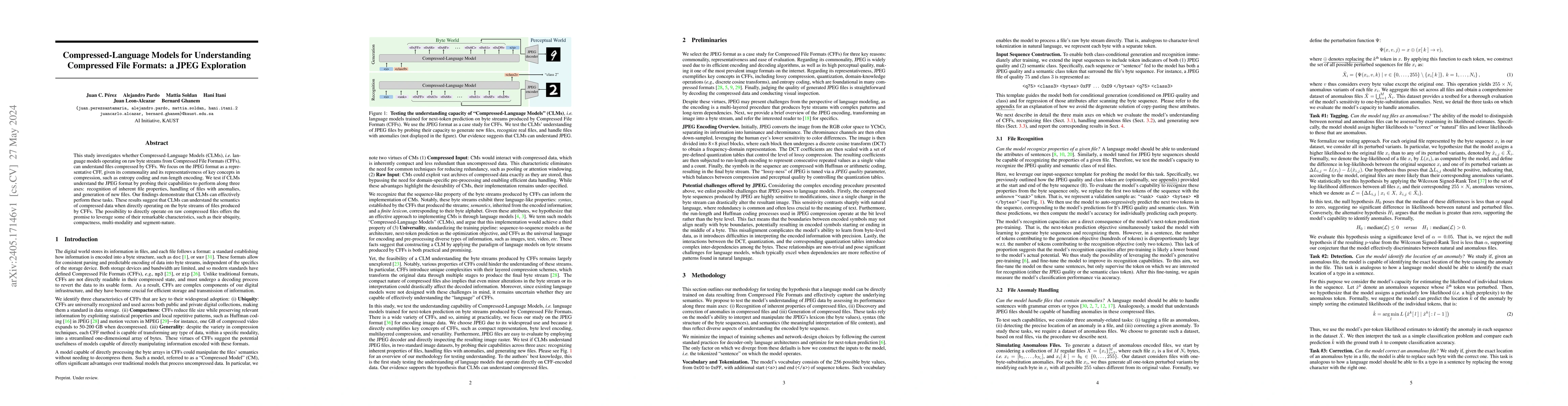 Thumbnail for Compressed-Language Models for Understanding Compressed File Formats: a
  JPEG Exploration