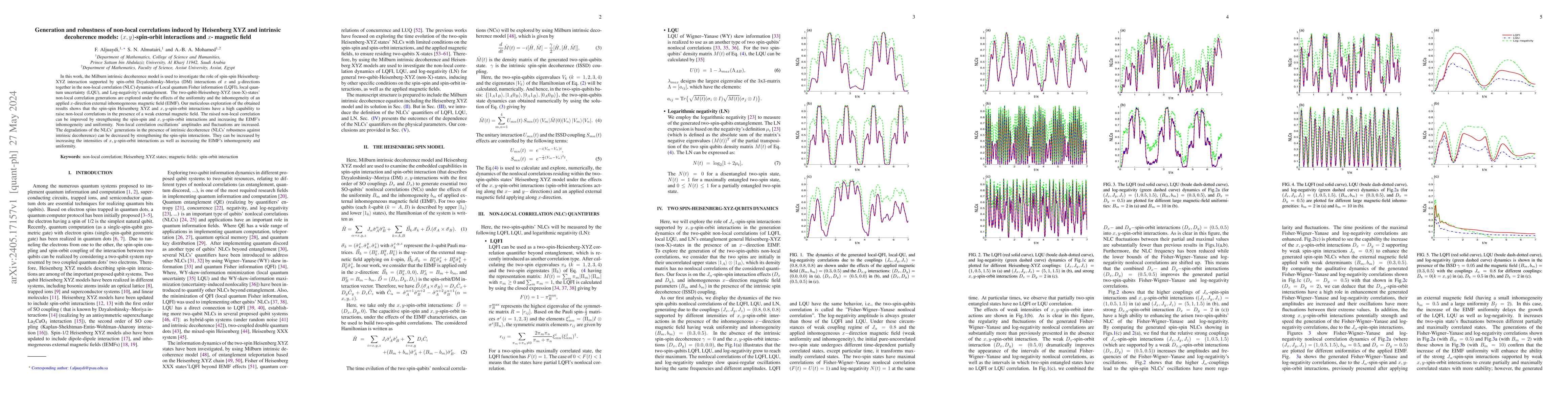 Thumbnail for Generation and robustness of non-local correlations induced by
  Heisenberg XYZ and intrinsic decoherence models: (x,y)-spin-orbit
  interactions and $x$- magnetic field