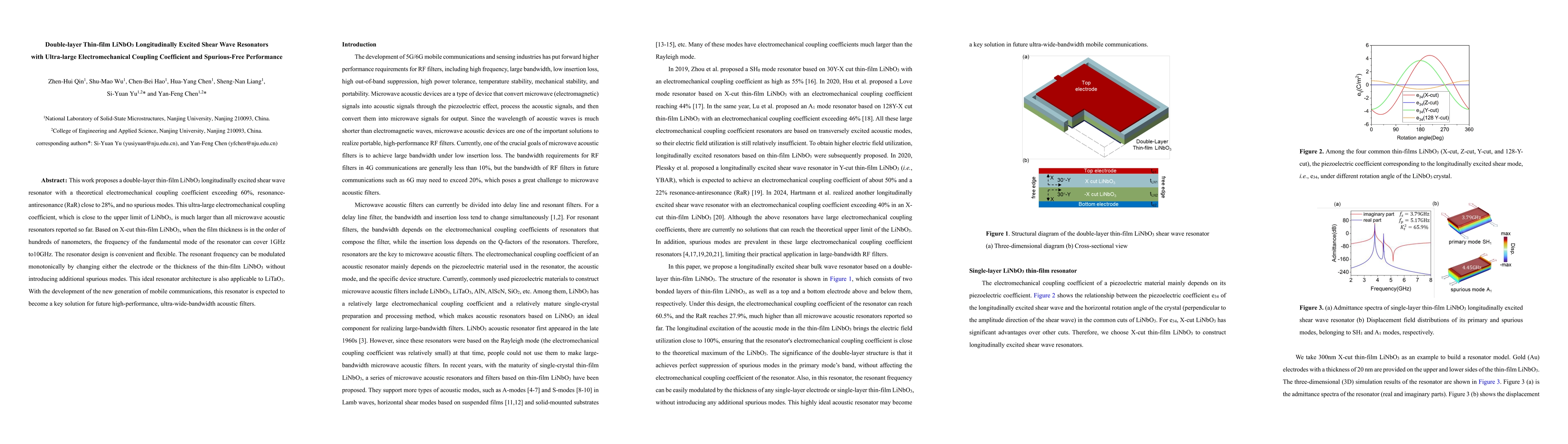 Thumbnail for Double-layer Thin-film LiNbO3 Longitudinally Excited Shear Wave
  Resonators with Ultra-large Electromechanical Coupling Coefficient and
  Spurious-Free Performance